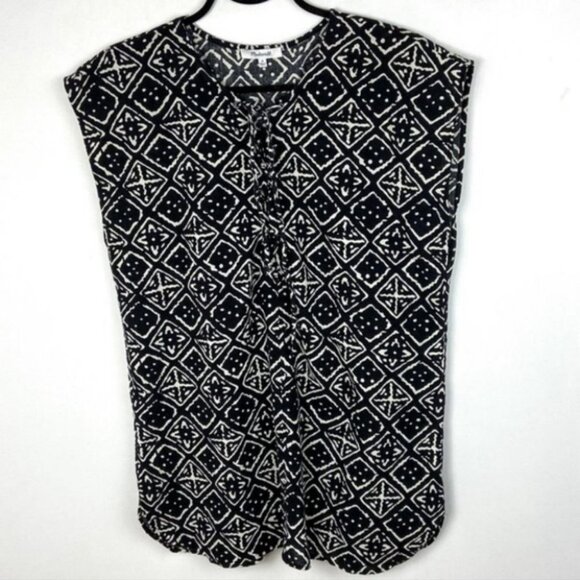 Madewell Lace-Up Cover-Up Tunic Black Printed Size Medium Bohemian‎ G2555 Boho M - Picture 3 of 8